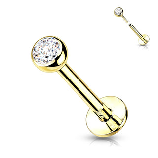 Solid Gold 14 Carat Labret Ball Flat Zirconia Push-In