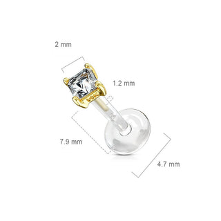 Solid Gold 14 Carat Labret Square Zirconia Push-In