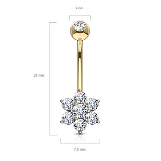 Solid Gold 14 Carat Belly Button Piercing Flower Zirconia