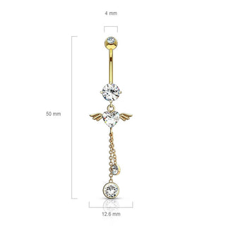 Solid Gold 14 Carat Belly Button Piercing Angel Wings dangle Zirconia