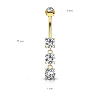 Solid Gold 14 Carat Belly Button Piercing 3 Zirconia dangle