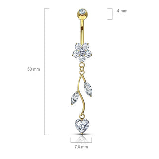 Solid Gold 14 Carat Belly Button Piercing Flower dangle Zirconia