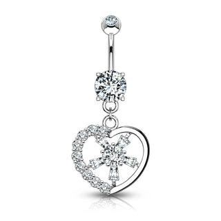 Solid Gold 14 Carat Belly Button Piercing Heart dangle Zirconia