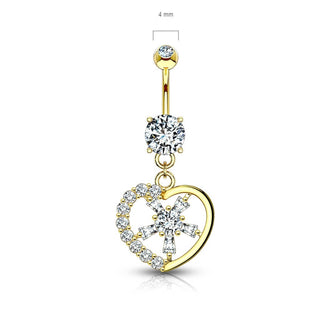 Solid Gold 14 Carat Belly Button Piercing Heart dangle Zirconia
