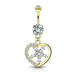 Solid Gold 14 Carat Belly Button Piercing Heart dangle Zirconia