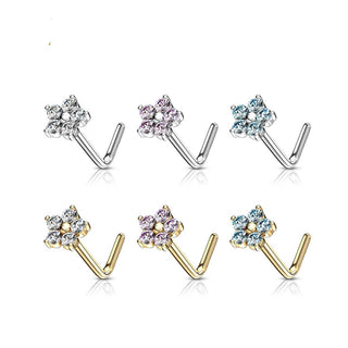 Solid Gold 14 Carat Nose L-Shape Flower Zirconia