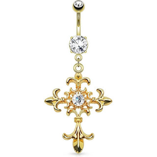 Belly Button Piercing Lily Cross dangle Zirconia Gold