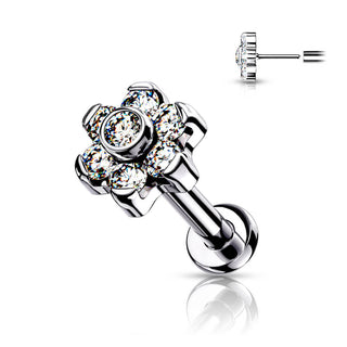 Titanium Labret Push-In Flower Zirconia Silver