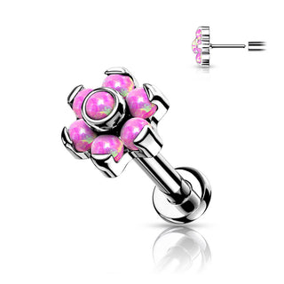 Titanium Labret Push-In Flower Opal Silver
