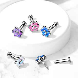 Titanium Labret Push-In Flower Opal Silver