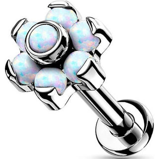 Titanium Labret Push-In Flower Opal Silver