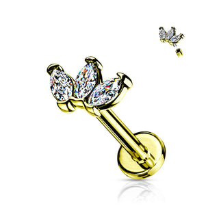 Labret 3 cyrkonie szlif markizowy gwint wewnętrzny