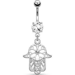 Piercing Ombelico Hamsa pendente di zirconi