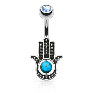 Piercing Ombelico Zircone con Hamsa e turchese