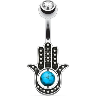 Piercing Ombelico Zircone con Hamsa e turchese