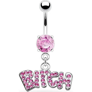 Piercing Ombelico Pendente scritta BITCH zirconi e argento