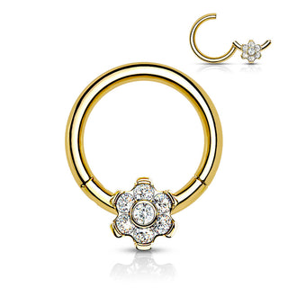 Titanio Anello Piercing Fiore di zirconi Clicker