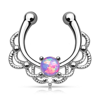 Fake Nose Piercing Septum Opal Round Silver Bendable