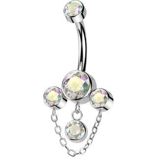 Titanium Belly Button Piercing 3 zirconias chain dangle Internally Threaded