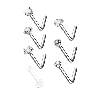 Nose L-Shape Set Zirconia Silver, 7  pieces