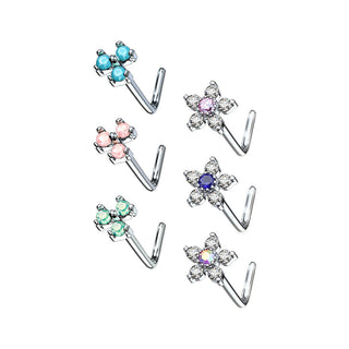 Nose L-Shape Flowers Zirconia Silver, 6  pieces