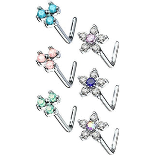 Nose L-Shape Flowers Zirconia Silver, 6  pieces