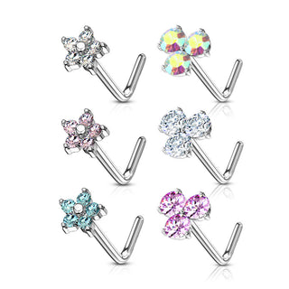 Nose L-Shape Flowers Zirconia Silver, 6  pieces