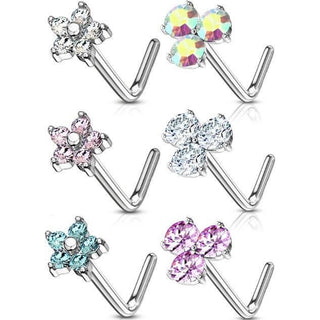 Nose L-Shape Flowers Zirconia Silver, 6  pieces