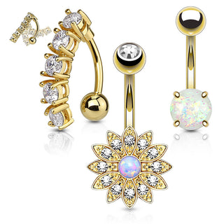 Belly Button Piercing Set Zirconia Opal Gold, 3  pieces