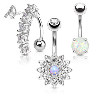Belly Button Piercing Set Zirconia Opal Gold, 3  pieces