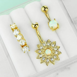 Belly Button Piercing Set Zirconia Opal Gold, 3  pieces