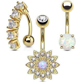 Belly Button Piercing Set Zirconia Opal Gold, 3  pieces