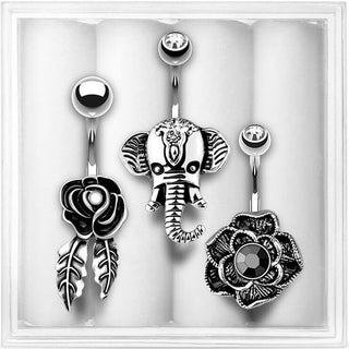 Belly Button Piercing Set Zirconia Silver, 3  pieces