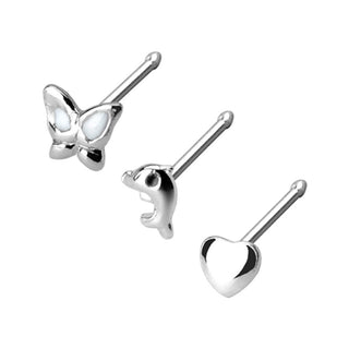 Silver 925 Nose Stud Set Butterfly Heart Dolphin Silver, 3  pieces