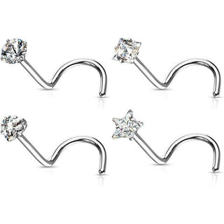 Kolczyk do nosa zakręcony zestaw cyrkonia srebrny, 4 sztuki
