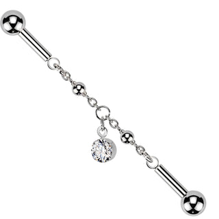 Industrial Barbell centered chain prong set cubic zirconia dangle