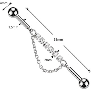 Industrial Barbell centered 6 crystal connector dangle chain