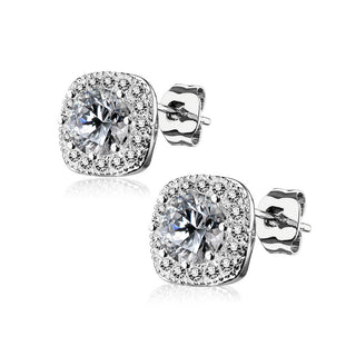 Stud Earring 316L Ear Studs Large Round Cubic Zirconia Center Cubic Zirconia Paved Outlined Square 1 Pair