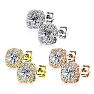 Stud Earring 316L Ear Studs Large Round Cubic Zirconia Center Cubic Zirconia Paved Outlined Square 1 Pair