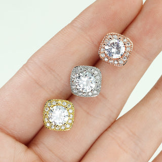 Stud Earring 316L Ear Studs Large Round Cubic Zirconia Center Cubic Zirconia Paved Outlined Square 1 Pair