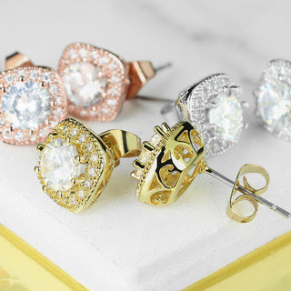 Stud Earring 316L Ear Studs Large Round Cubic Zirconia Center Cubic Zirconia Paved Outlined Square 1 Pair
