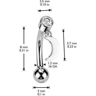 Solid Gold 14 Carat Eyebrow Piercing moon zirconia dangle Push-In
