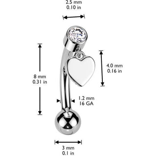 Solid Gold 14 Carat Eyebrow Piercing heart zirconia dangle Push-In