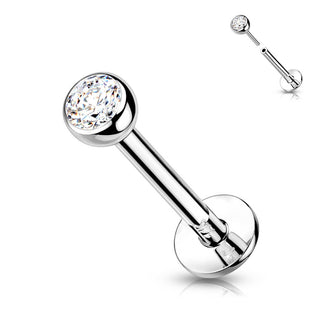Solid Gold 14 Carat Labret Ball Flat Zirconia Push-In