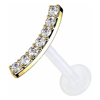 Solid Gold 14 Carat Labret Curved Bar Zirconia Push-In