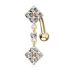 Oro 14 kt Piercing Ombelico Quadrato di zirconi con pendente speculare