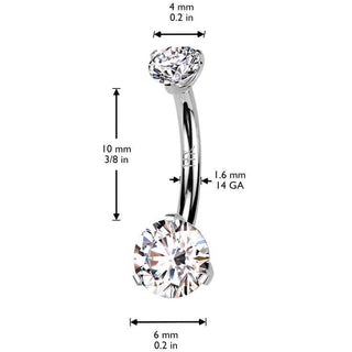 Or 14kt Piercing Nombril deux zirconias ronds Filetage Interne