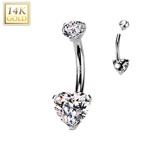 Or 14kt Piercing Nombril cœur zircone Filetage Interne