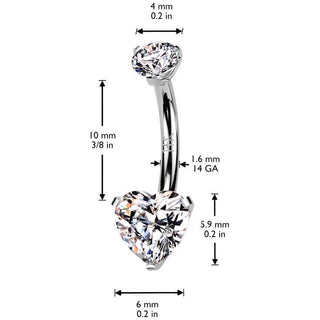 Or 14kt Piercing Nombril cœur zircone Filetage Interne