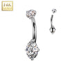 Or 14kt Piercing Nombril deux zircones Filetage Interne